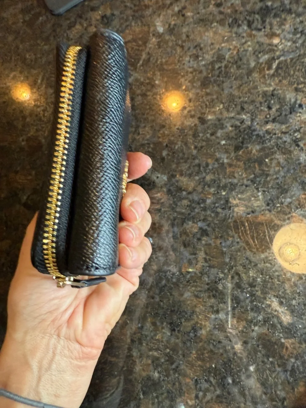Coach Black Leather Textured Zip Wallet with Gold Logo Accent